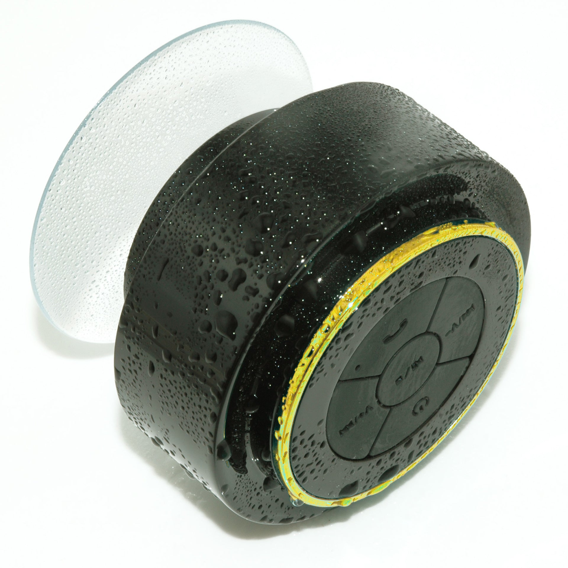 Waterproof Bluetooth Speaker with suction cup, designed for showers and poolside use, featuring a sleek black design.