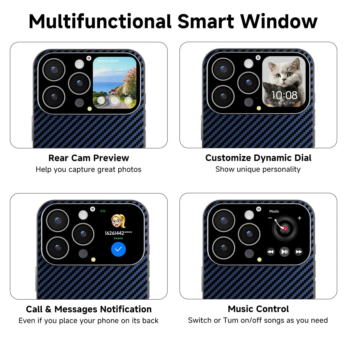 Premium Smartphone Case with 1.75-Inch HD Display, Custom Video Dial, Rear Camera Preview, Notifications, Music Control, Weather Updates, Timer Function, Dynamic Smart Window, Multiple Model Compatibility, and Magnetic Wireless Charging - An Ideal Practic