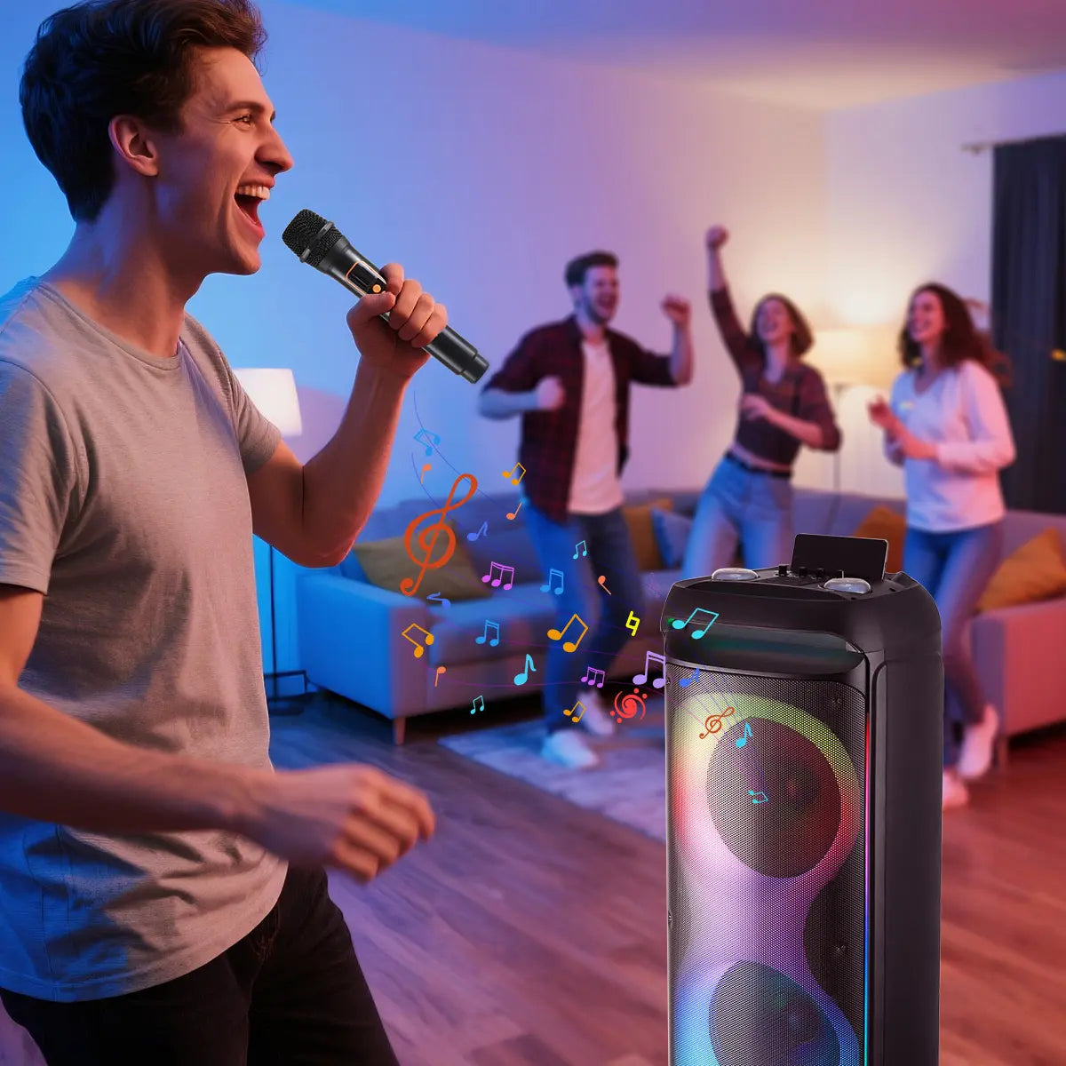 Professional Rechargeable Bluetooth PA Speaker System with Dual 12" Woofers, 1.5" Tweeter, Two Wireless Microphones, Remote Control, and LED Lighting Effects