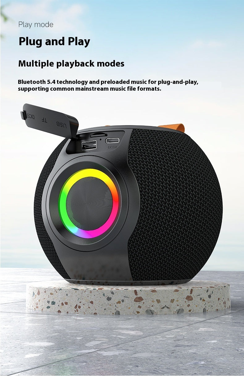 Bluetooth Speaker Portable RGB Lamp showcasing plug and play features with colorful lighting and multiple playback modes.