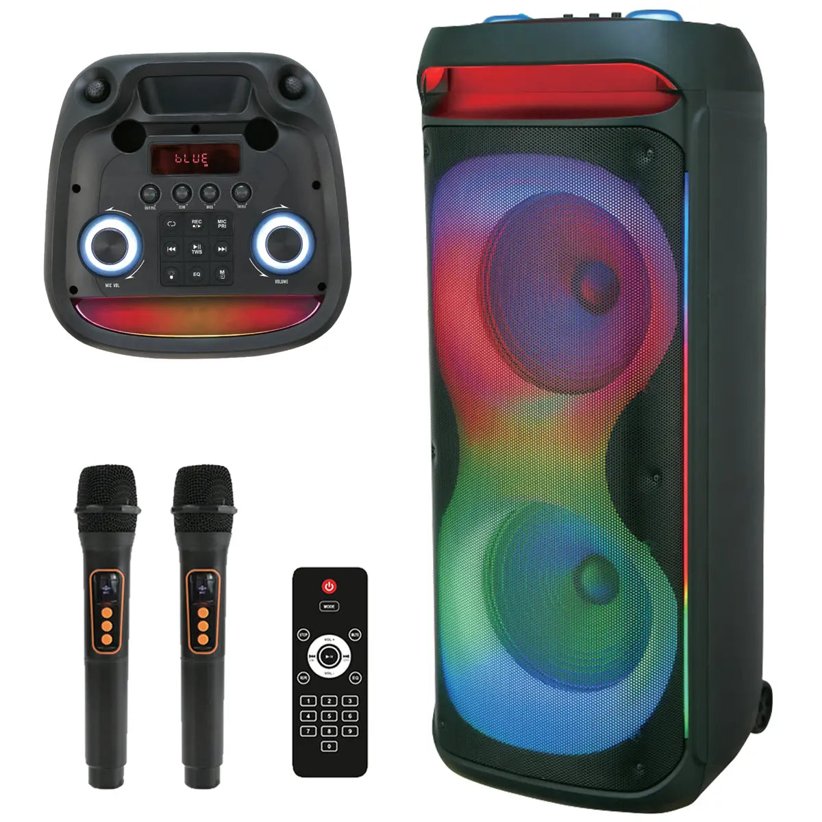 Professional Rechargeable Bluetooth PA Speaker System with Dual 12" Woofers, 1.5" Tweeter, Two Wireless Microphones, Remote Control, and LED Lighting Effects