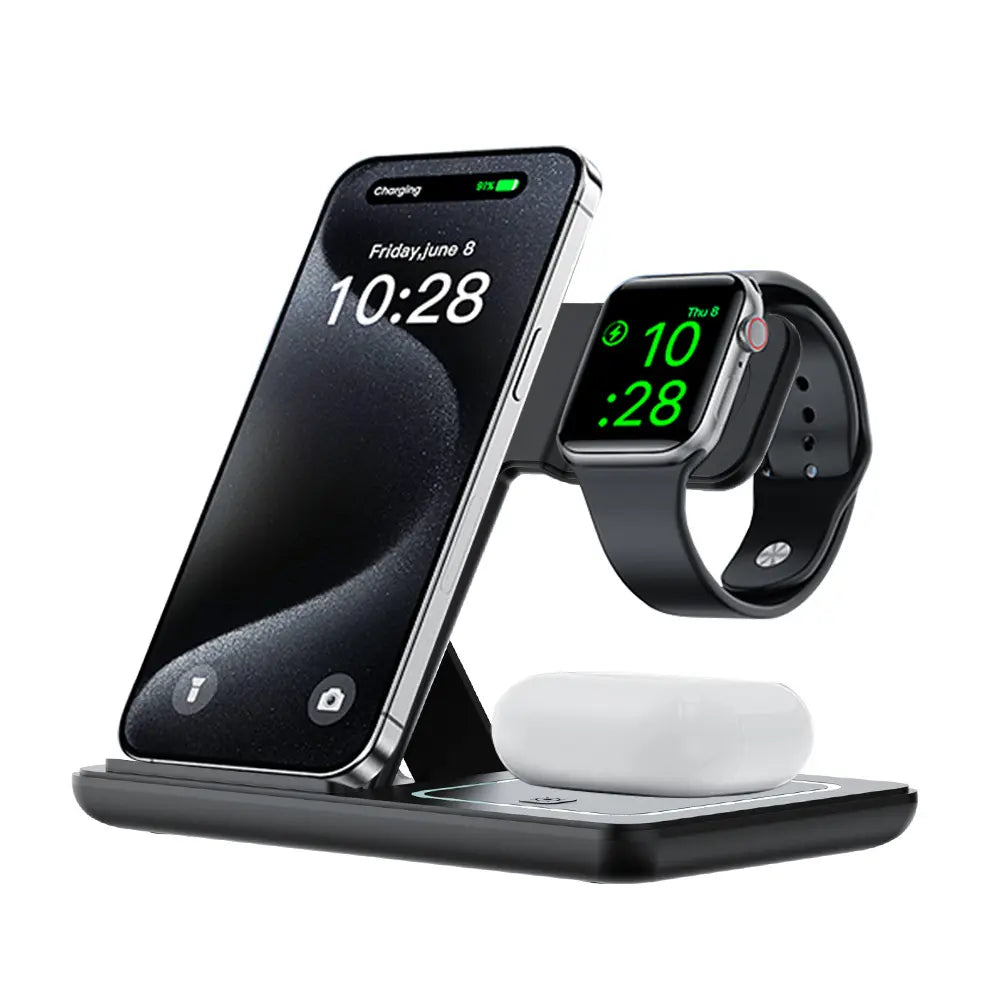 Portable 3-in-1 Wireless Charging Station for iPhone, Apple Watch, and AirPods - Compatible with Android Devices and Smartwatches
