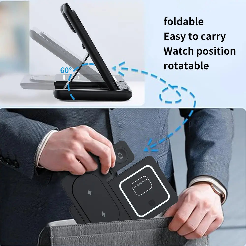 Portable 3-in-1 Wireless Charging Station for iPhone, Apple Watch, and AirPods - Compatible with Android Devices and Smartwatches