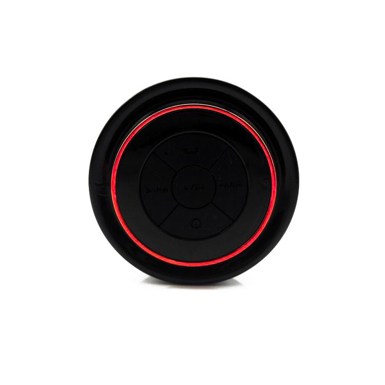 Close-up view of Waterproof Bluetooth Speaker showing control buttons and red LED light.