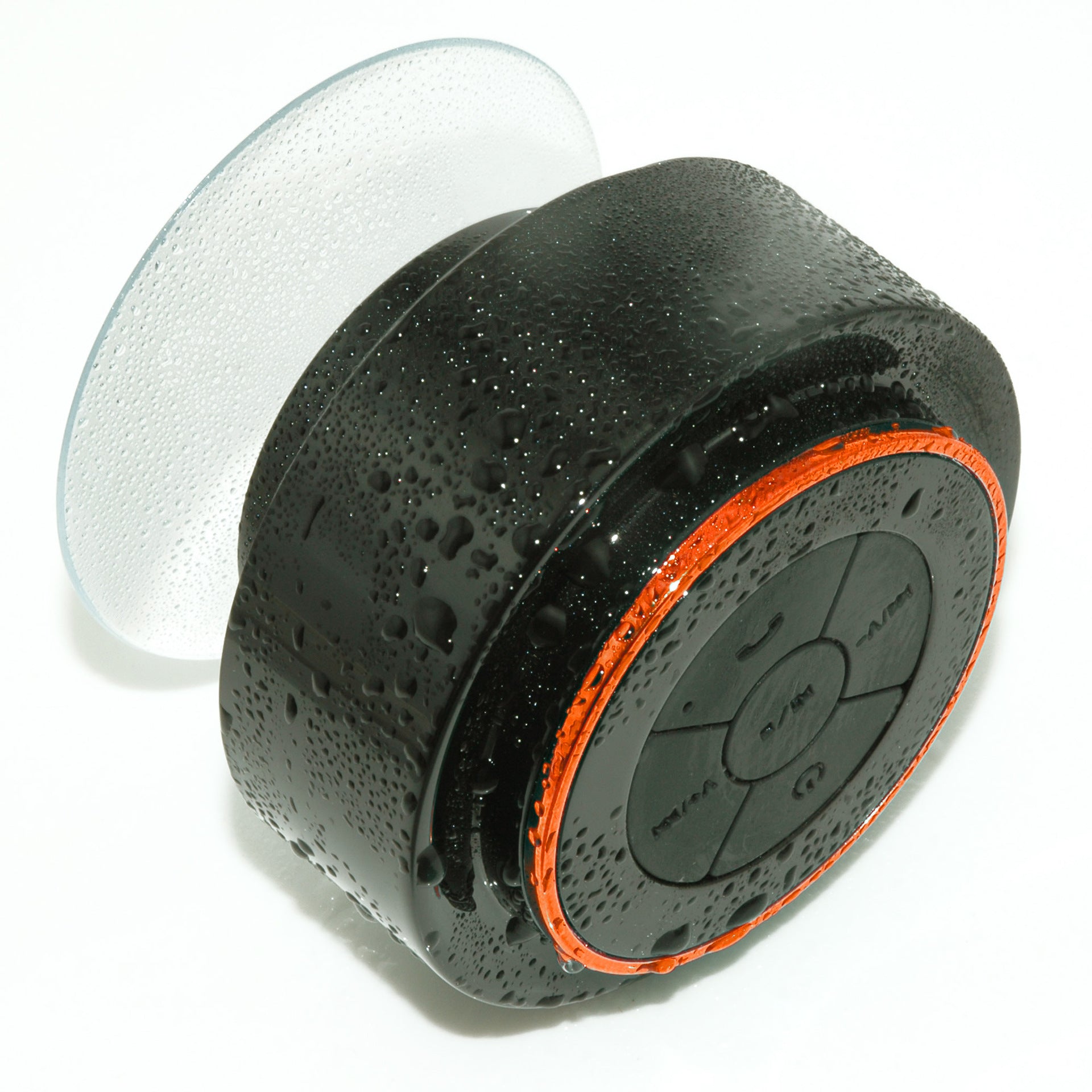 Waterproof Bluetooth Speaker with a suction cup, designed for bathroom use, showcasing droplets on a sleek black surface.