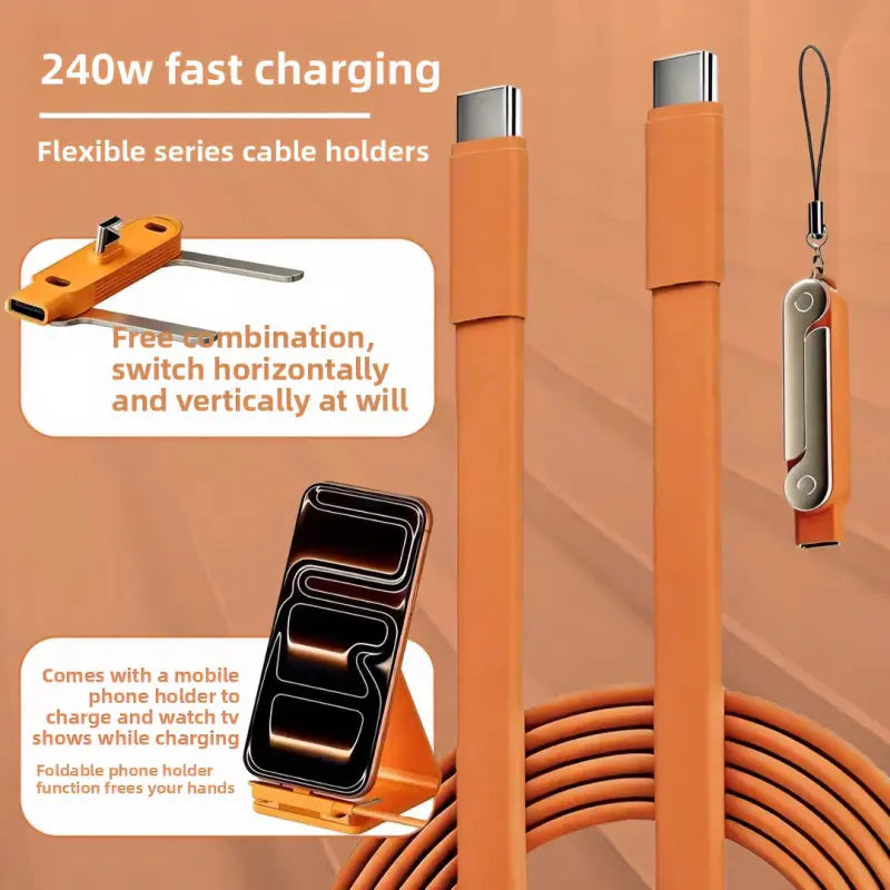 240W Dual-Function Detachable Type-C Charging Cable with Rotating Stand, Zinc Alloy and Silicone Construction, Compatible with Apple and Samsung Smartphones, Ideal for Gaming and Automotive Applications