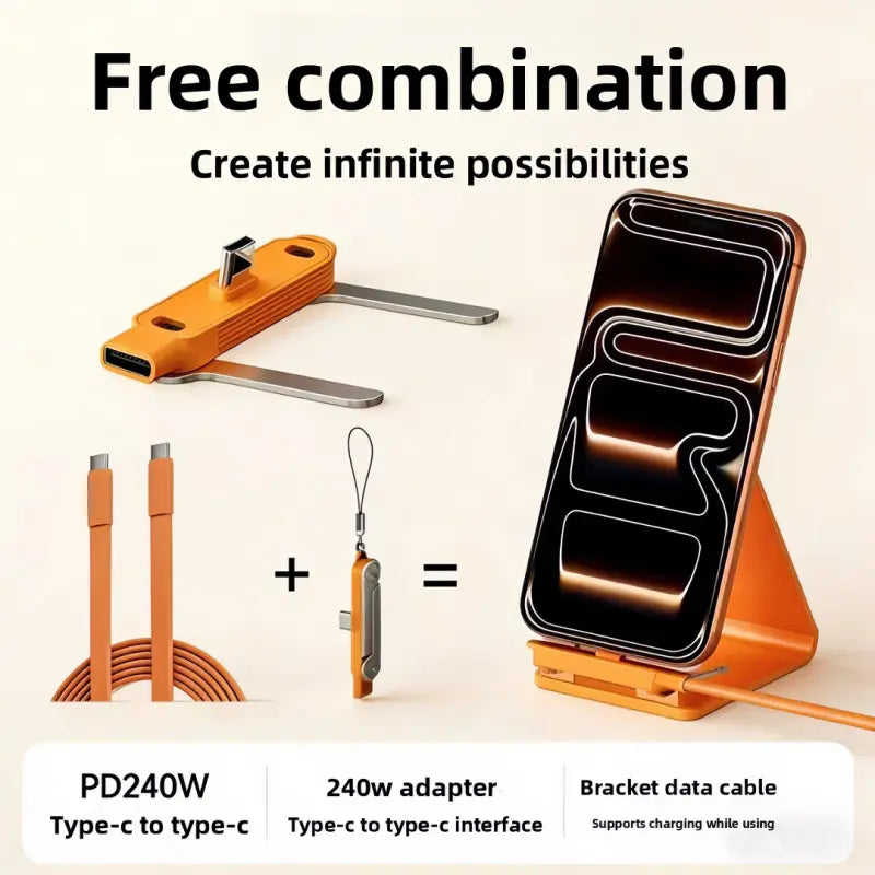 240W Dual-Function Detachable Type-C Charging Cable with Rotating Stand, Zinc Alloy and Silicone Construction, Compatible with Apple and Samsung Smartphones, Ideal for Gaming and Automotive Applications
