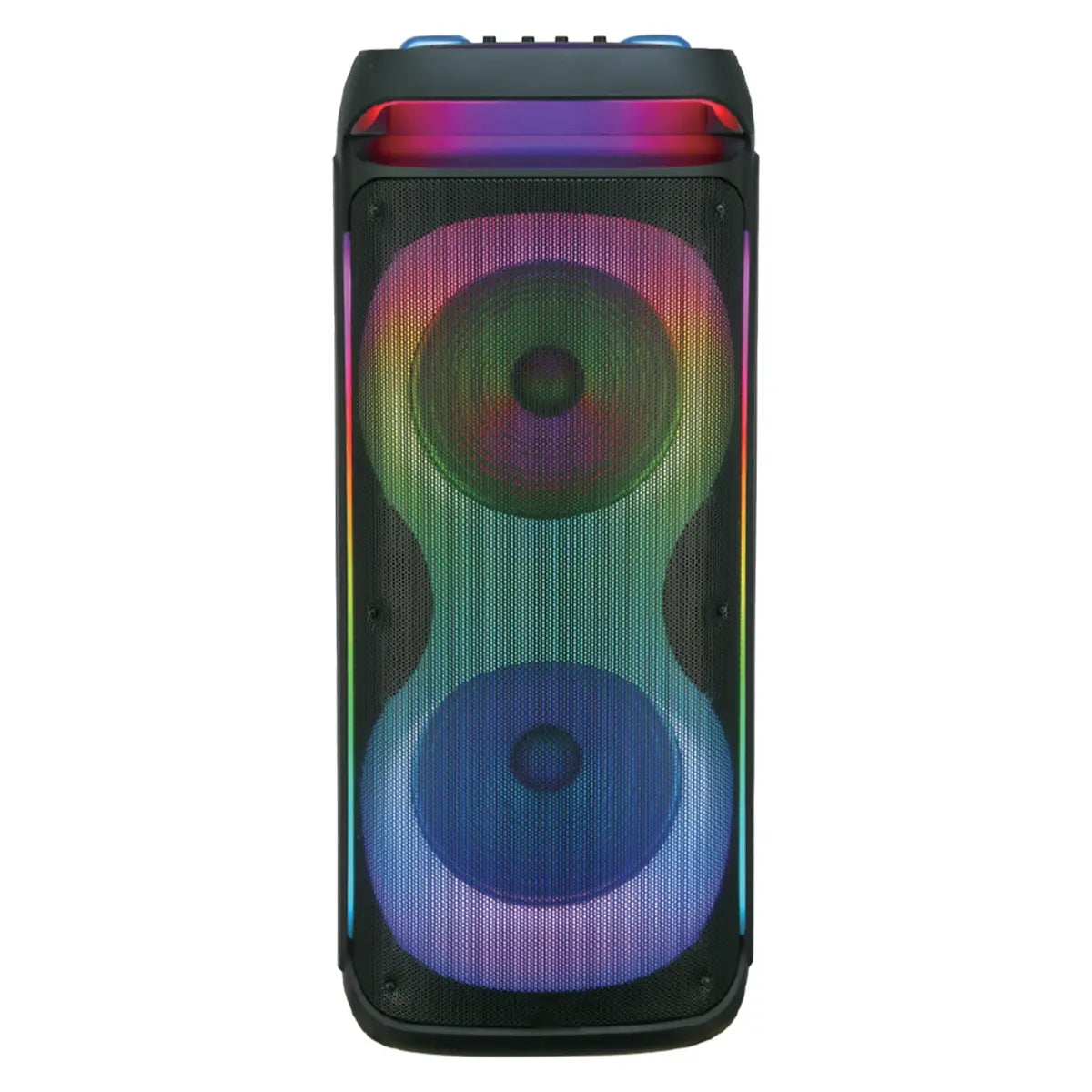 Professional Rechargeable Bluetooth PA Speaker System with Dual 12" Woofers, 1.5" Tweeter, Two Wireless Microphones, Remote Control, and LED Lighting Effects