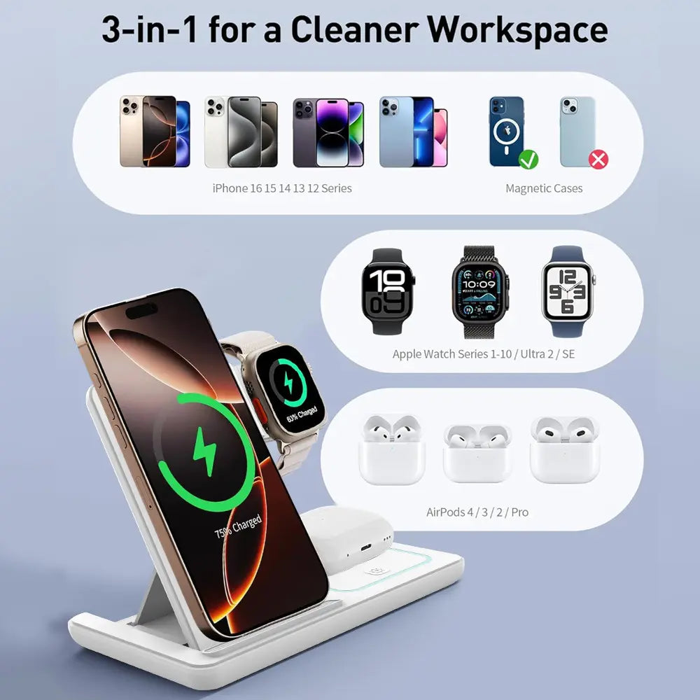 Portable 3-in-1 Wireless Charging Station for iPhone, Apple Watch, and AirPods - Compatible with Android Devices and Smartwatches