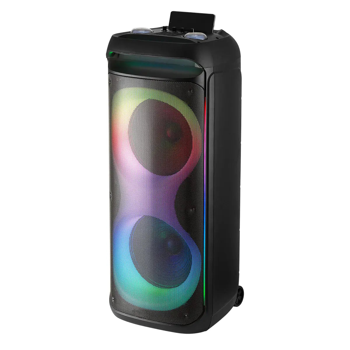 Professional Rechargeable Bluetooth PA Speaker System with Dual 12" Woofers, 1.5" Tweeter, Two Wireless Microphones, Remote Control, and LED Lighting Effects
