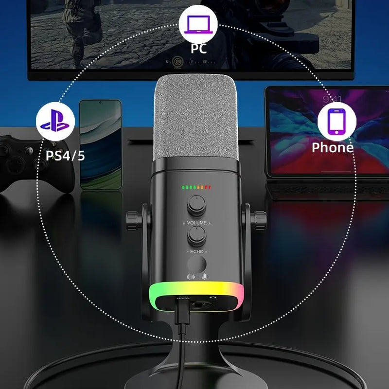 Professional USB/XLR Dynamic Microphone for Podcasting and Streaming with RGB Control, Touch Mute, Headphone Jack, and Desktop Stand - Lsd-Yu8 RGB Condenser Microphone