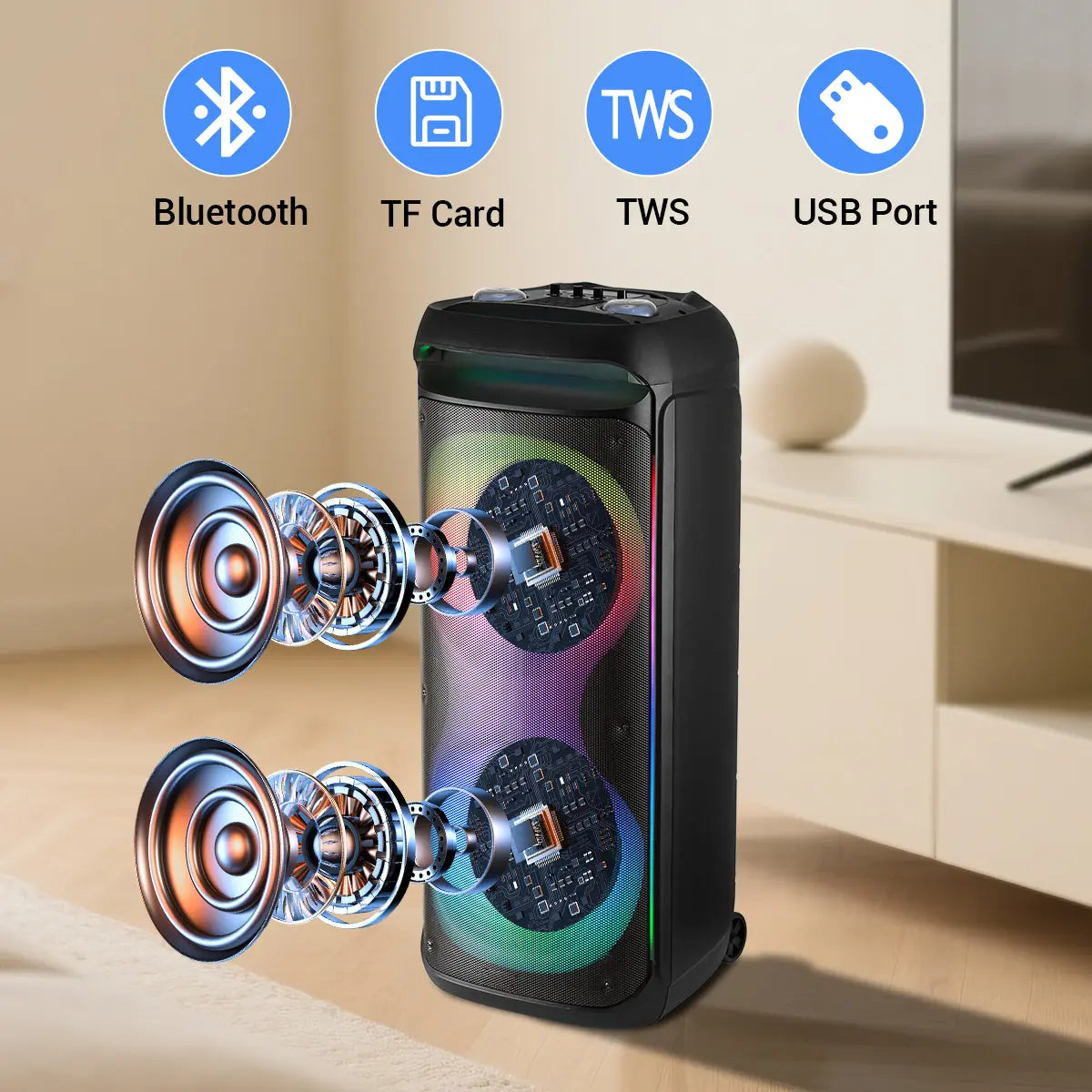 Professional Rechargeable Bluetooth PA Speaker System with Dual 12" Woofers, 1.5" Tweeter, Two Wireless Microphones, Remote Control, and LED Lighting Effects