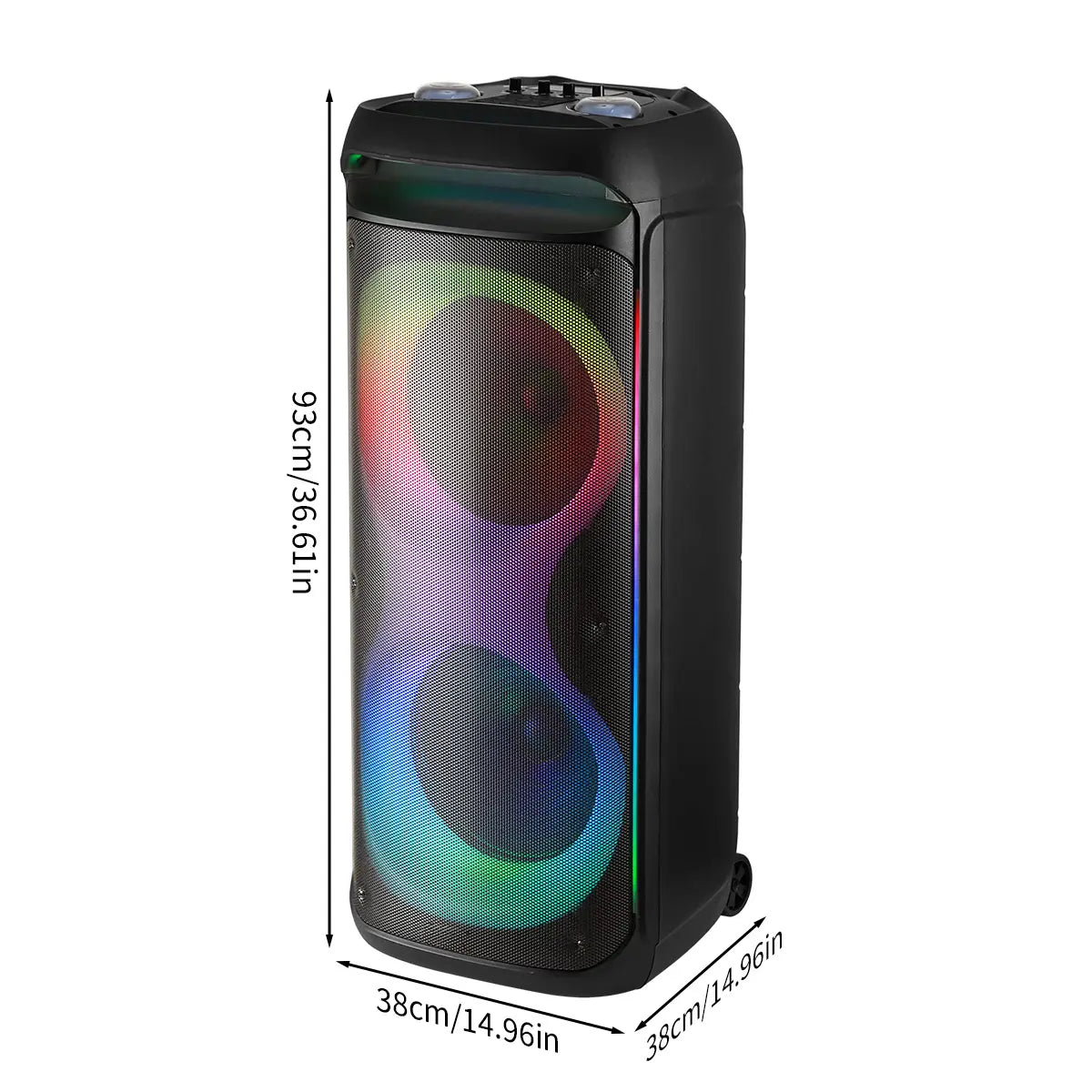 Professional Rechargeable Bluetooth PA Speaker System with Dual 12" Woofers, 1.5" Tweeter, Two Wireless Microphones, Remote Control, and LED Lighting Effects