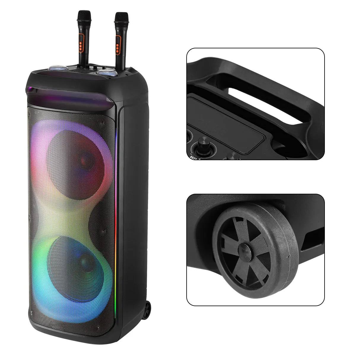 Professional Rechargeable Bluetooth PA Speaker System with Dual 12" Woofers, 1.5" Tweeter, Two Wireless Microphones, Remote Control, and LED Lighting Effects