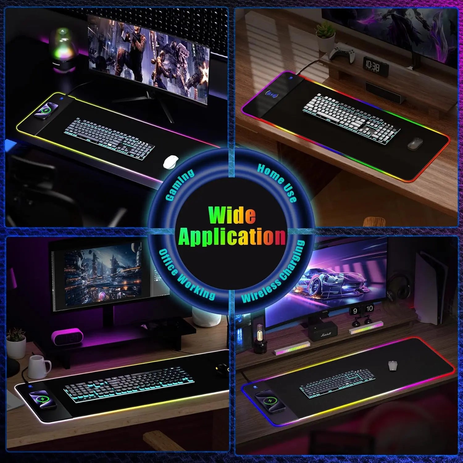 Extra Large RGB Gaming Mouse Pad with 15W Wireless Charging and 14 Lighting Modes, Ergonomic Design, Non-Slip Rubber Base - Perfect for Gamers and Professionals