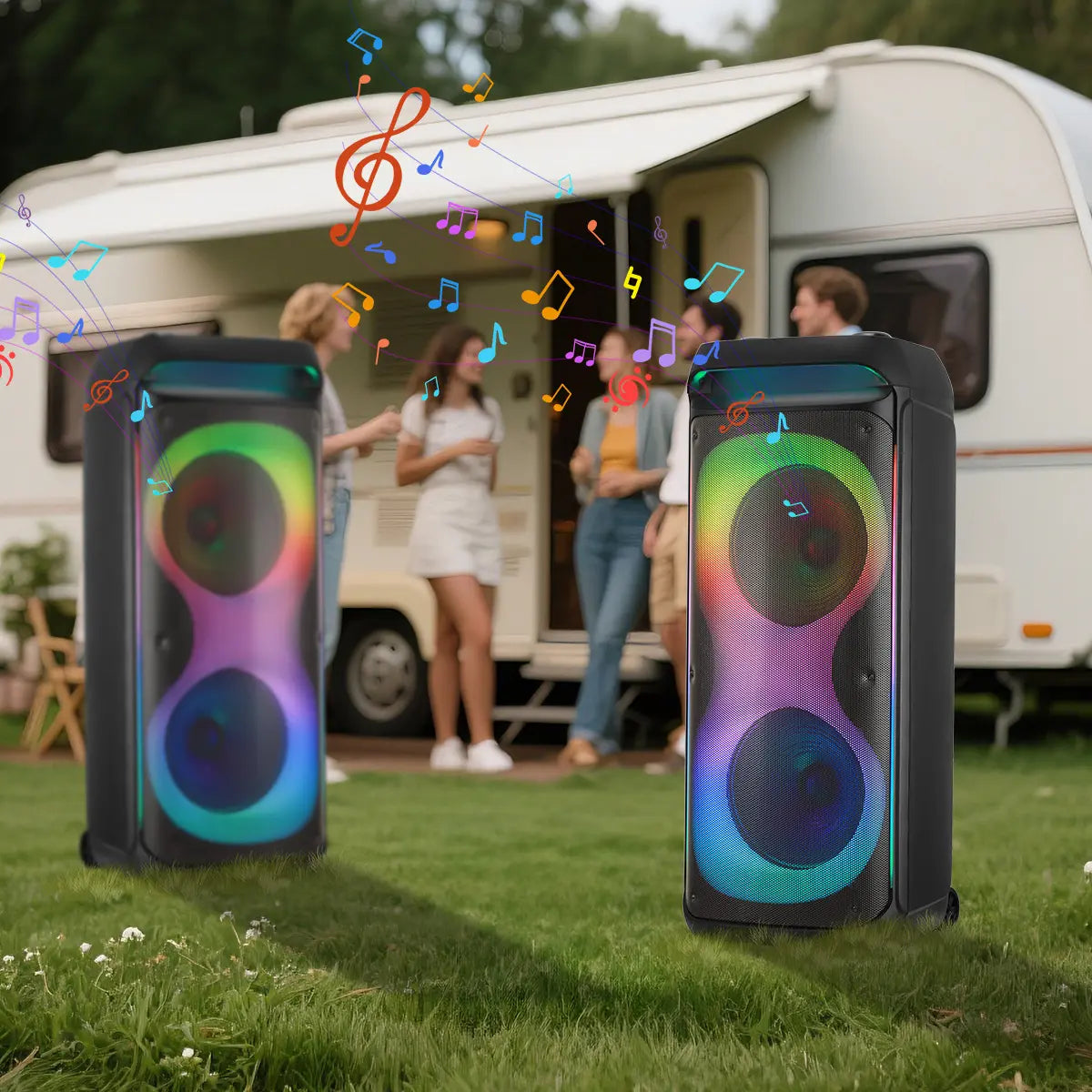 Professional Rechargeable Bluetooth PA Speaker System with Dual 12" Woofers, 1.5" Tweeter, Two Wireless Microphones, Remote Control, and LED Lighting Effects