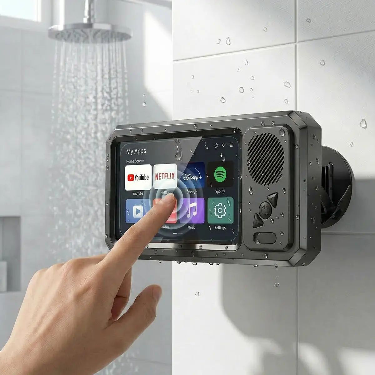 Waterproof Bluetooth Speaker with 360-Degree Rotating Touch Screen for Bathroom, Kitchen, Pool, and Shower Use