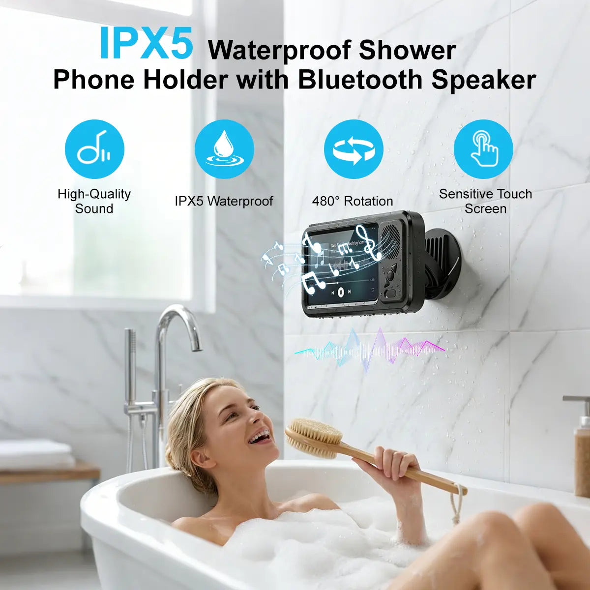 Waterproof Bluetooth Speaker with 360-Degree Rotating Touch Screen for Bathroom, Kitchen, Pool, and Shower Use